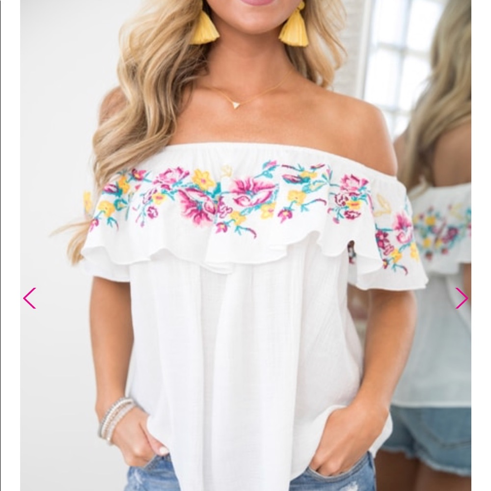 Embroidered off the shoulder shirt